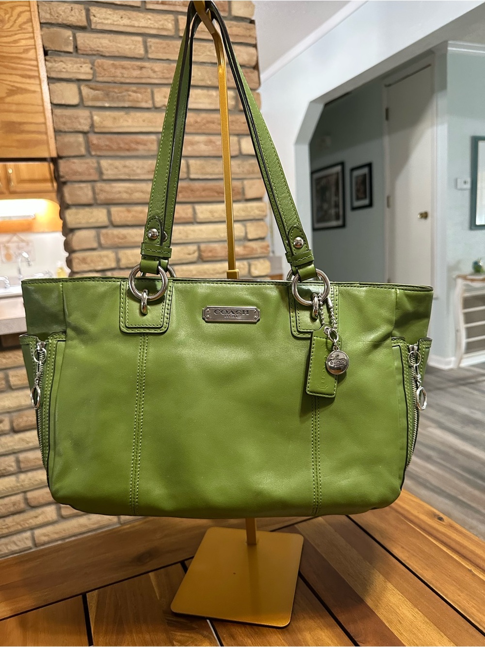 Coach Green Leather Gallery Shoulder Tote with Silver Hardware